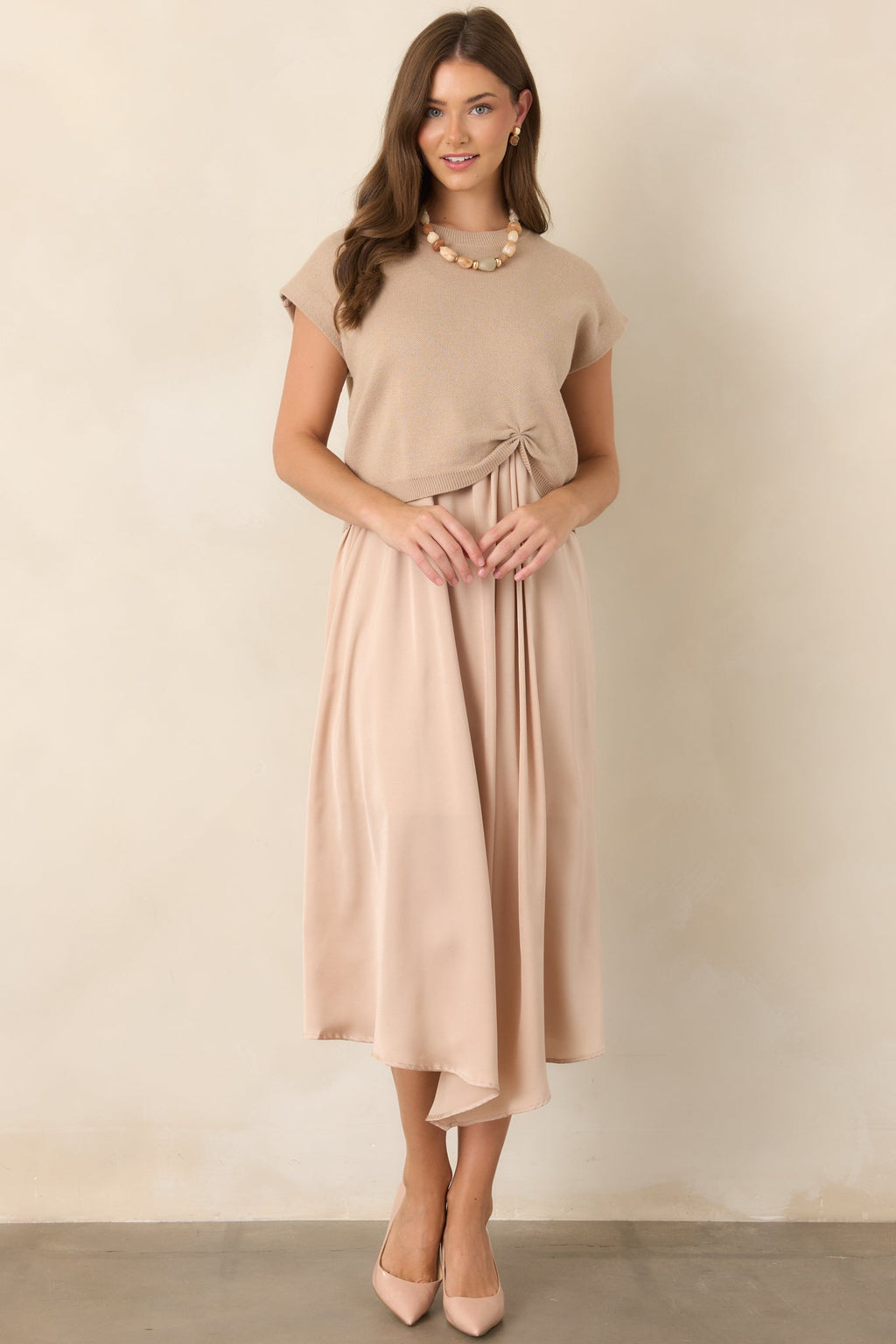 Easy Confidence Champagne Knit & Satin Sleeveless Midi Dress