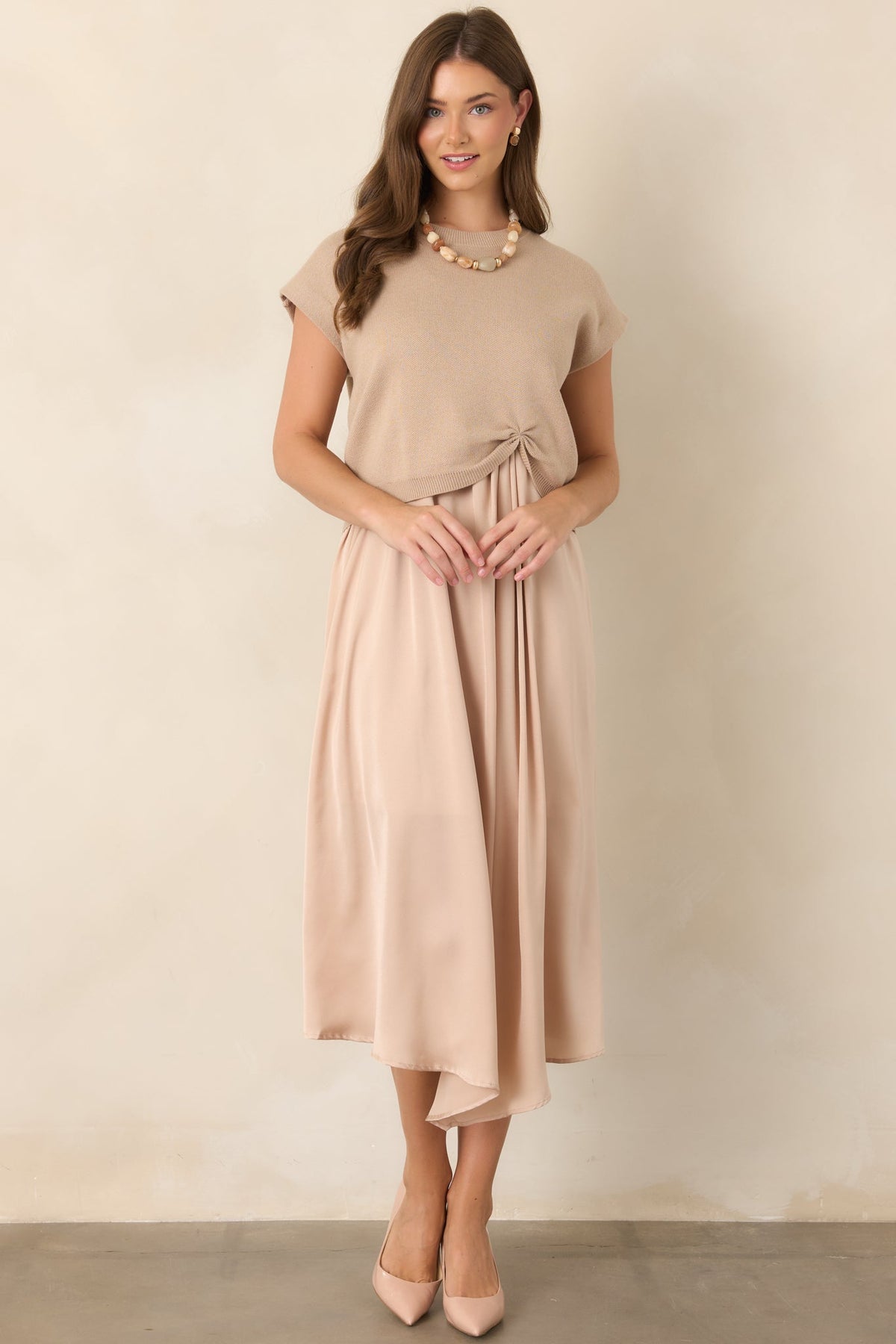 Easy Confidence Champagne Knit & Satin Sleeveless Midi Dress
