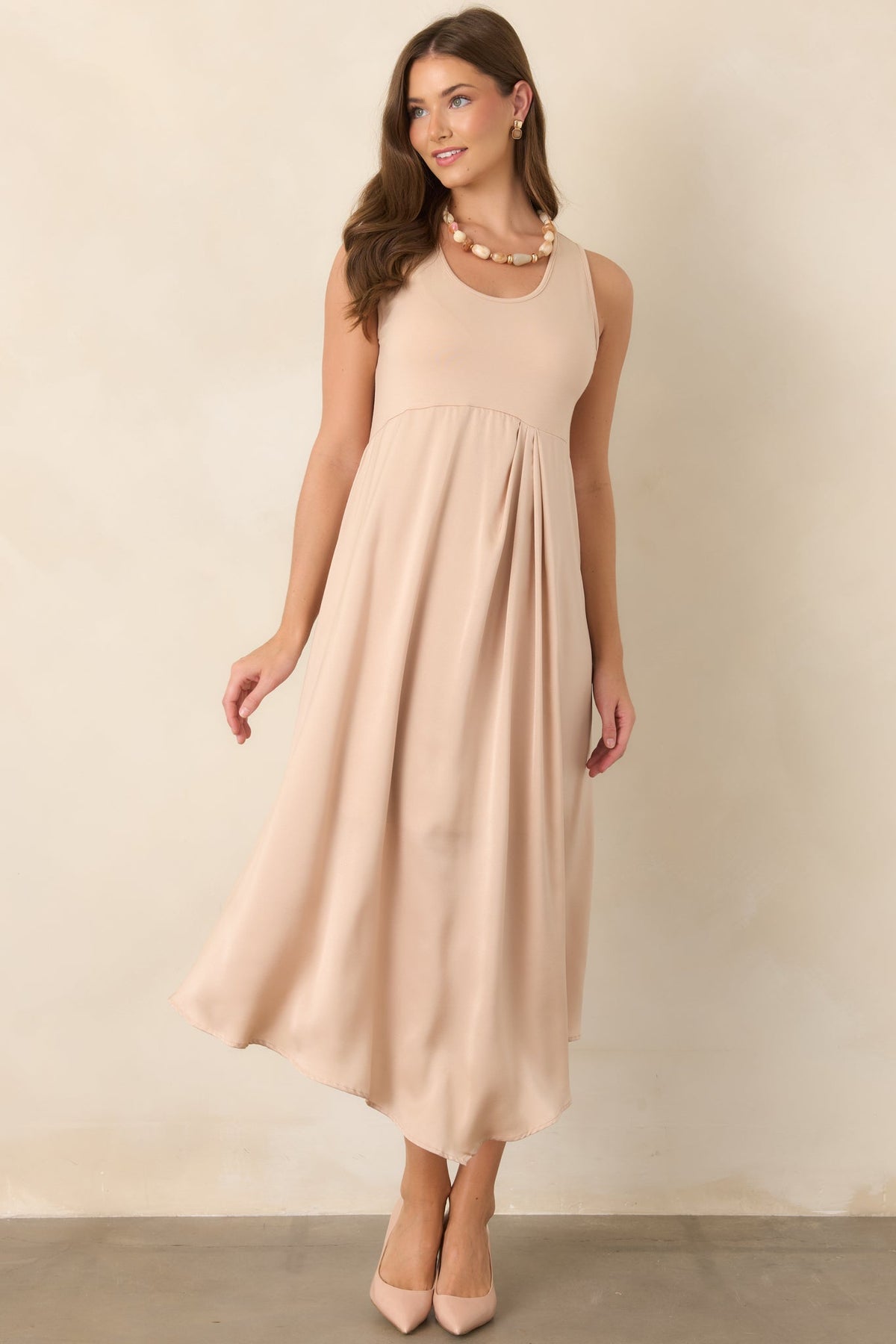 Easy Confidence Champagne Knit & Satin Sleeveless Midi Dress