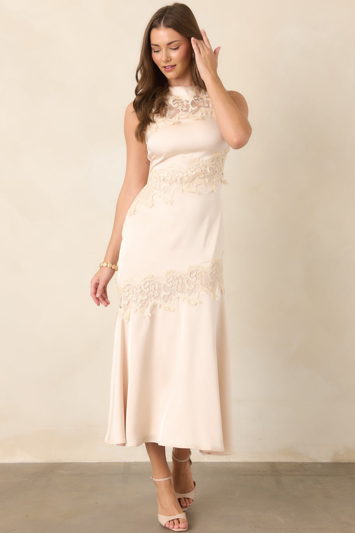Simply Enchanting Champagne Satin Lace Trim Midi Dress