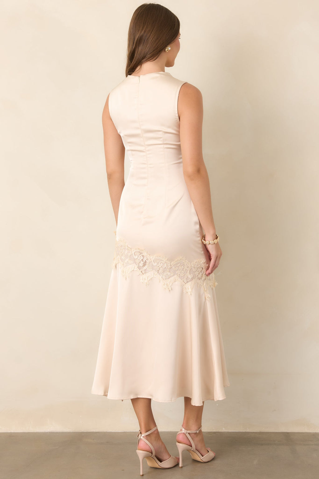 Simply Enchanting Champagne Satin Lace Trim Midi Dress