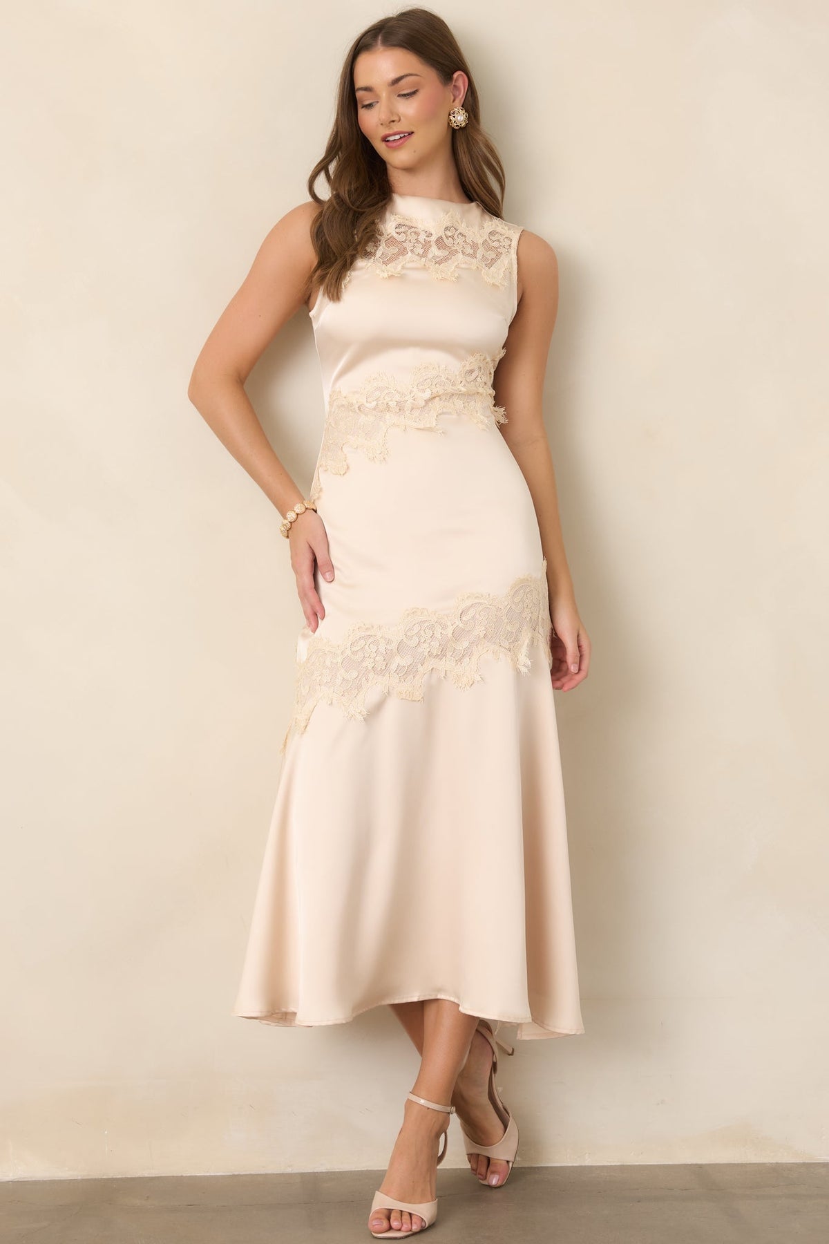Simply Enchanting Champagne Satin Lace Trim Midi Dress