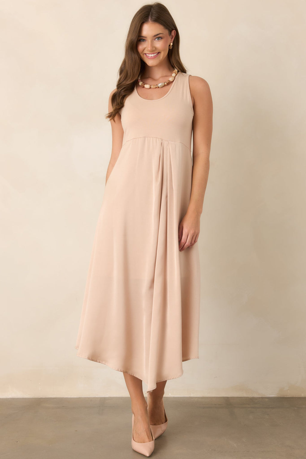 Easy Confidence Champagne Knit & Satin Sleeveless Midi Dress