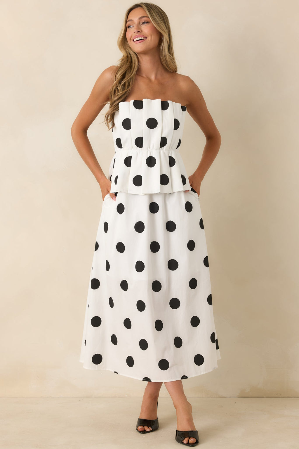 A Class of Her Own White & Black Polka Dot Strapless Midi Dress