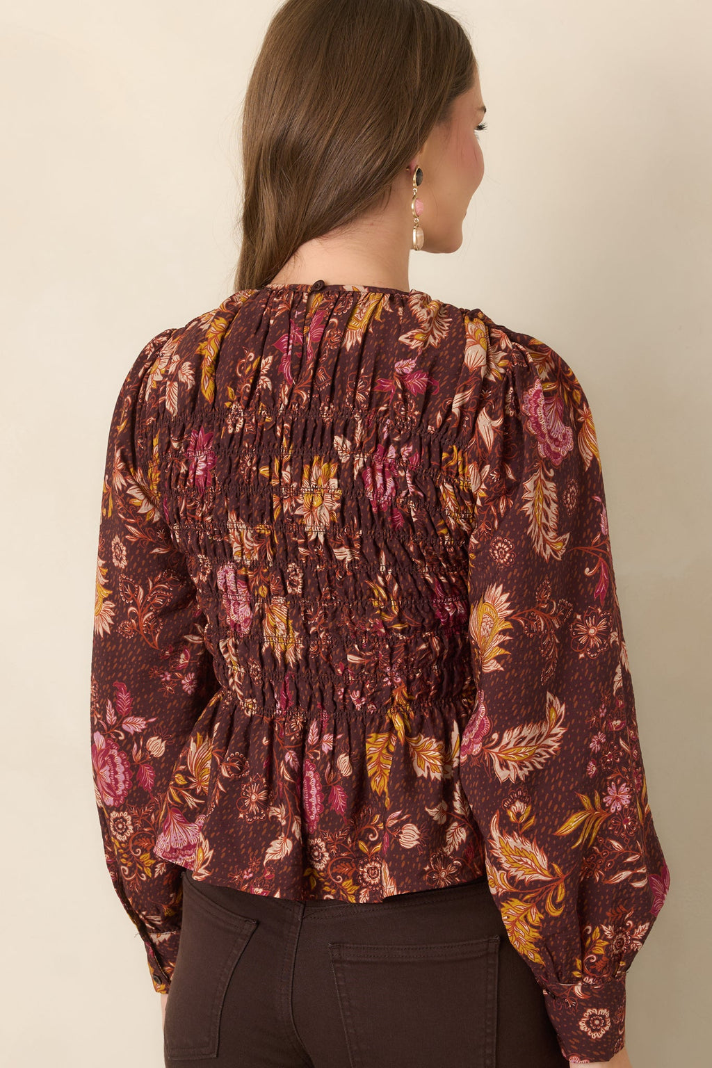 Made to Flourish Chocolate Brown Multi Floral Smocked Peplum Top