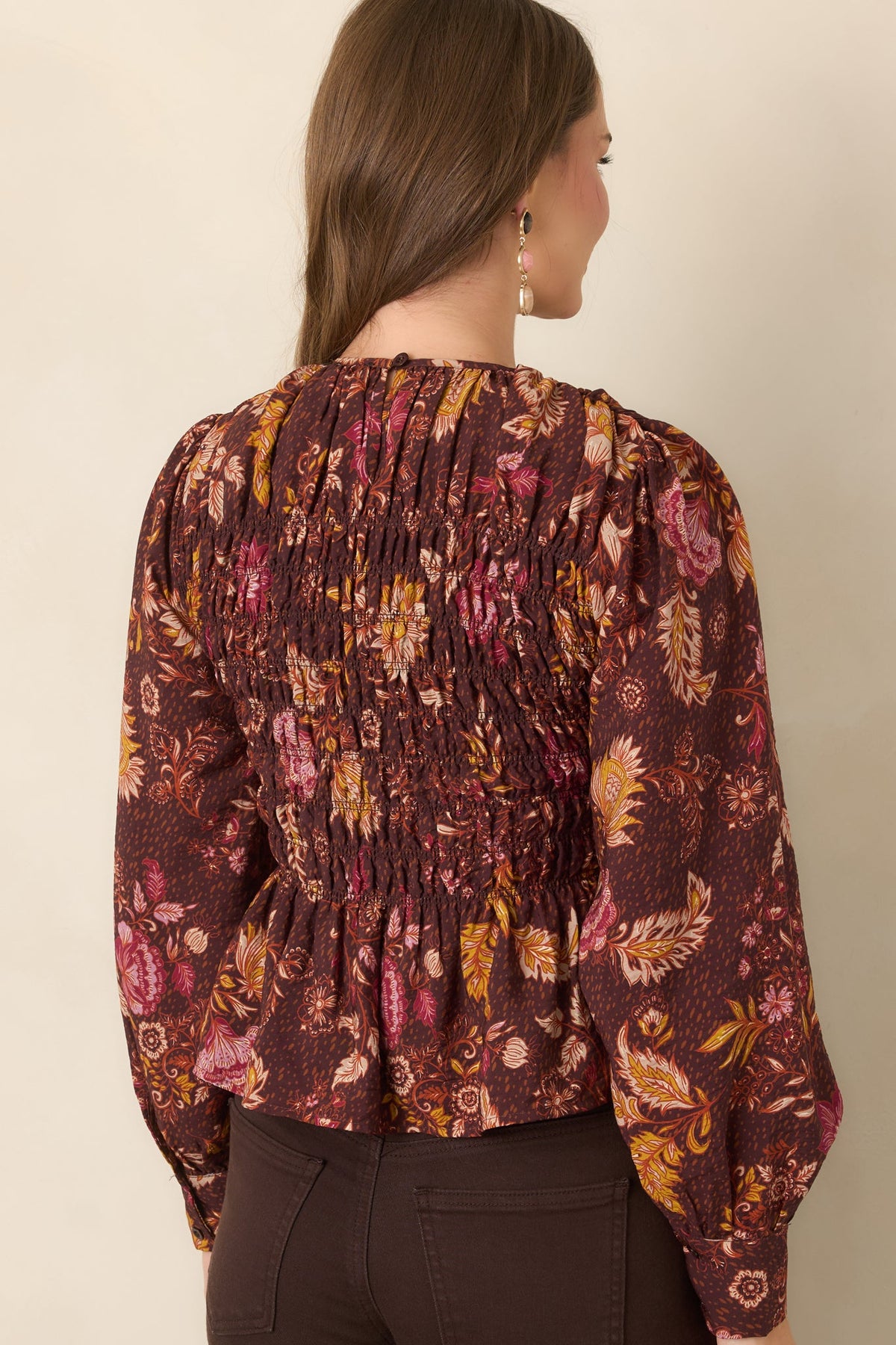Made to Flourish Chocolate Brown Multi Floral Smocked Peplum Top
