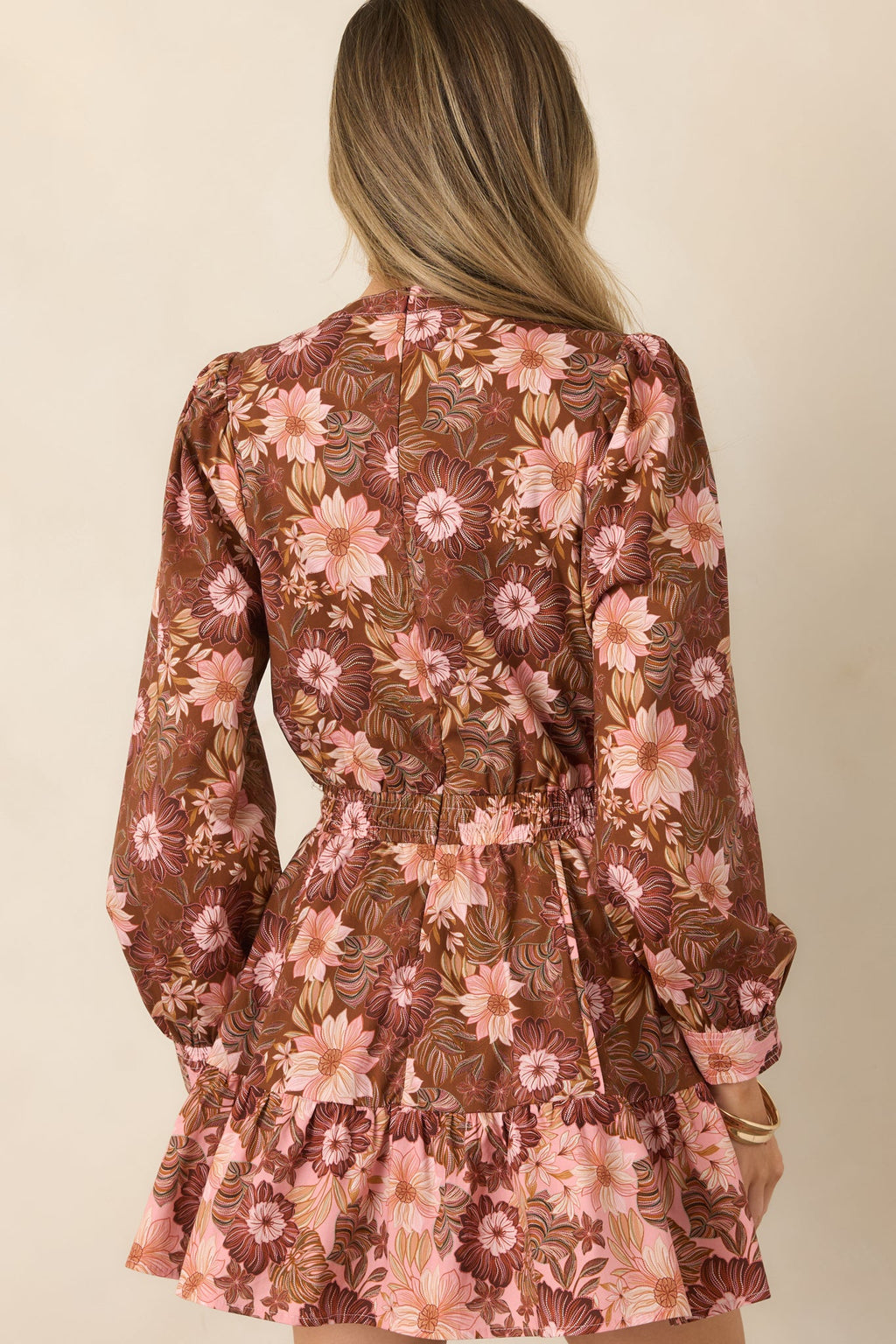 A Little Nostalgia Brown & Pink Floral Cotton Mini Dress