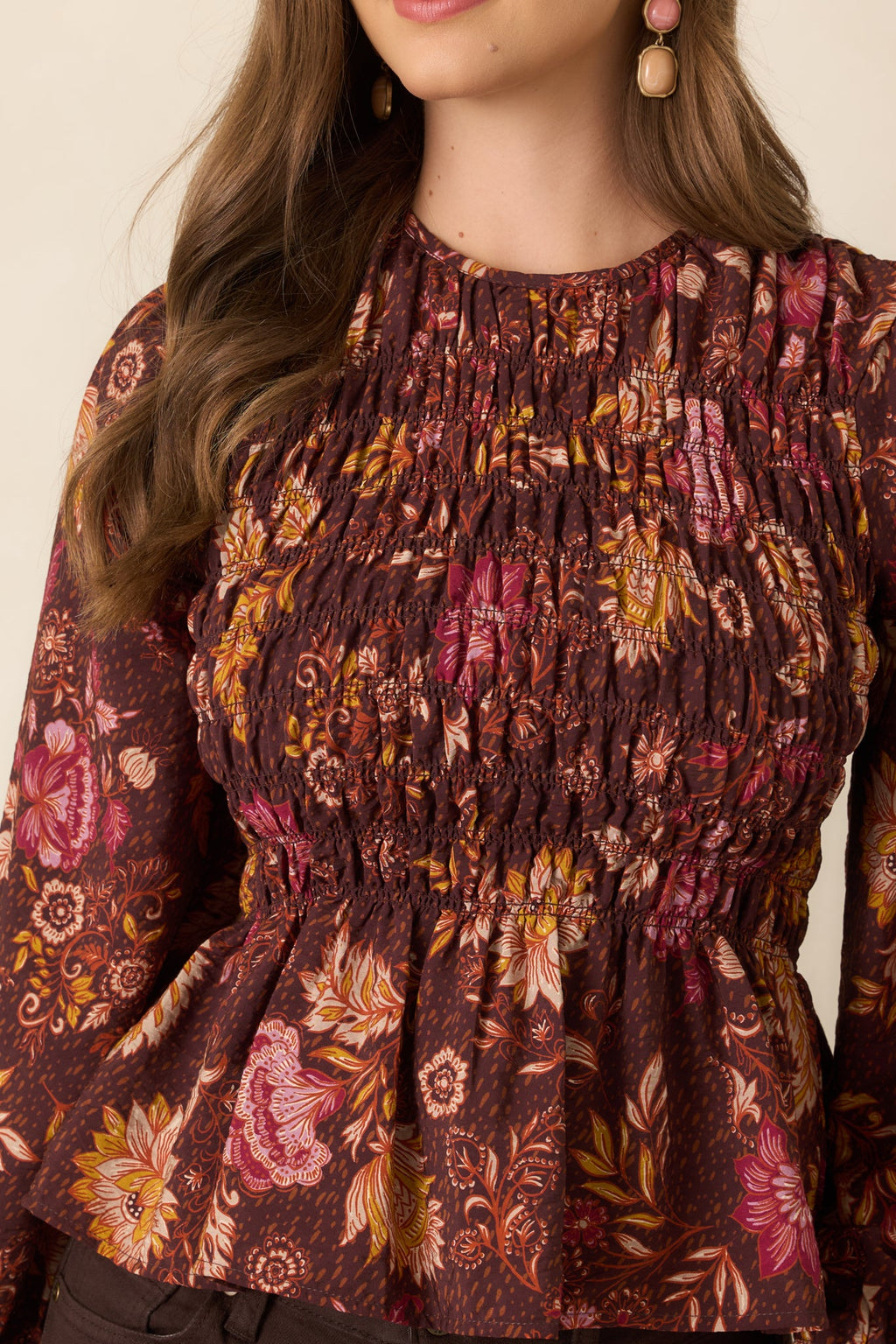 Made to Flourish Chocolate Brown Multi Floral Smocked Peplum Top