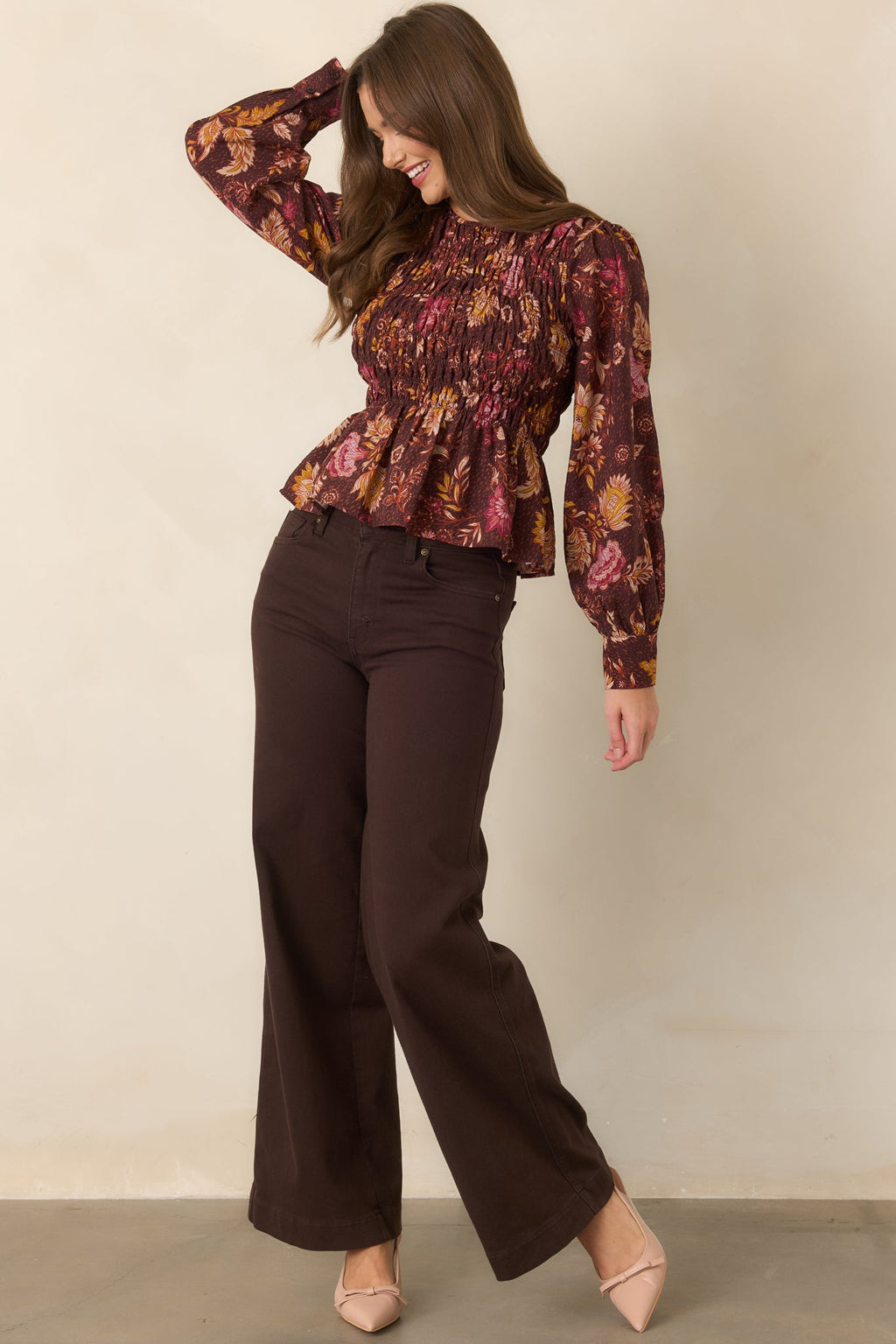 Made to Flourish Chocolate Brown Multi Floral Smocked Peplum Top