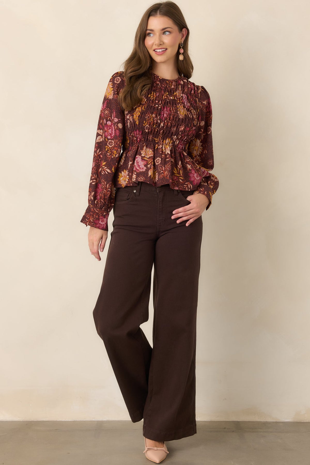 Made to Flourish Chocolate Brown Multi Floral Smocked Peplum Top
