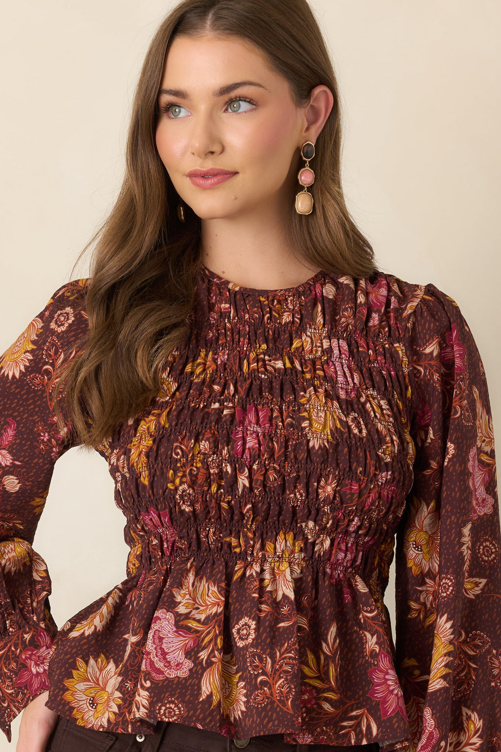 Made to Flourish Chocolate Brown Multi Floral Smocked Peplum Top
