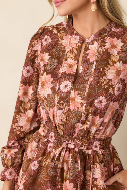 A Little Nostalgia Brown & Pink Floral Cotton Mini Dress