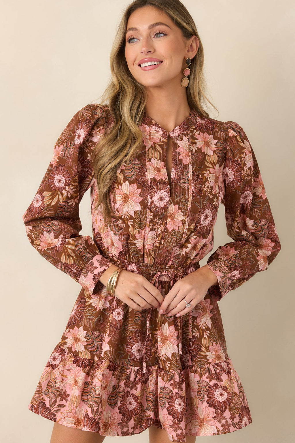 A Little Nostalgia Brown & Pink Floral Cotton Mini Dress