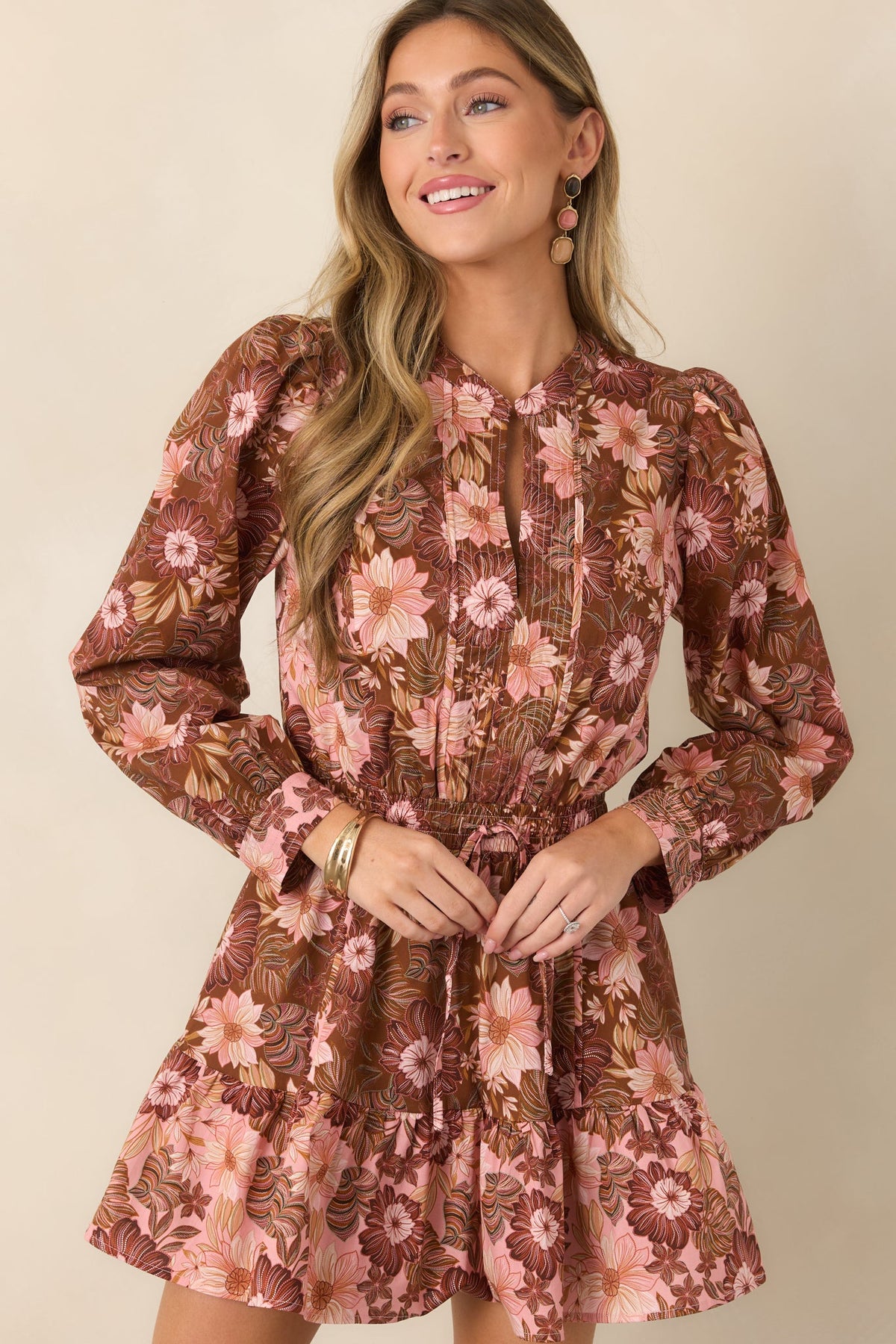 A Little Nostalgia Brown & Pink Floral Cotton Mini Dress