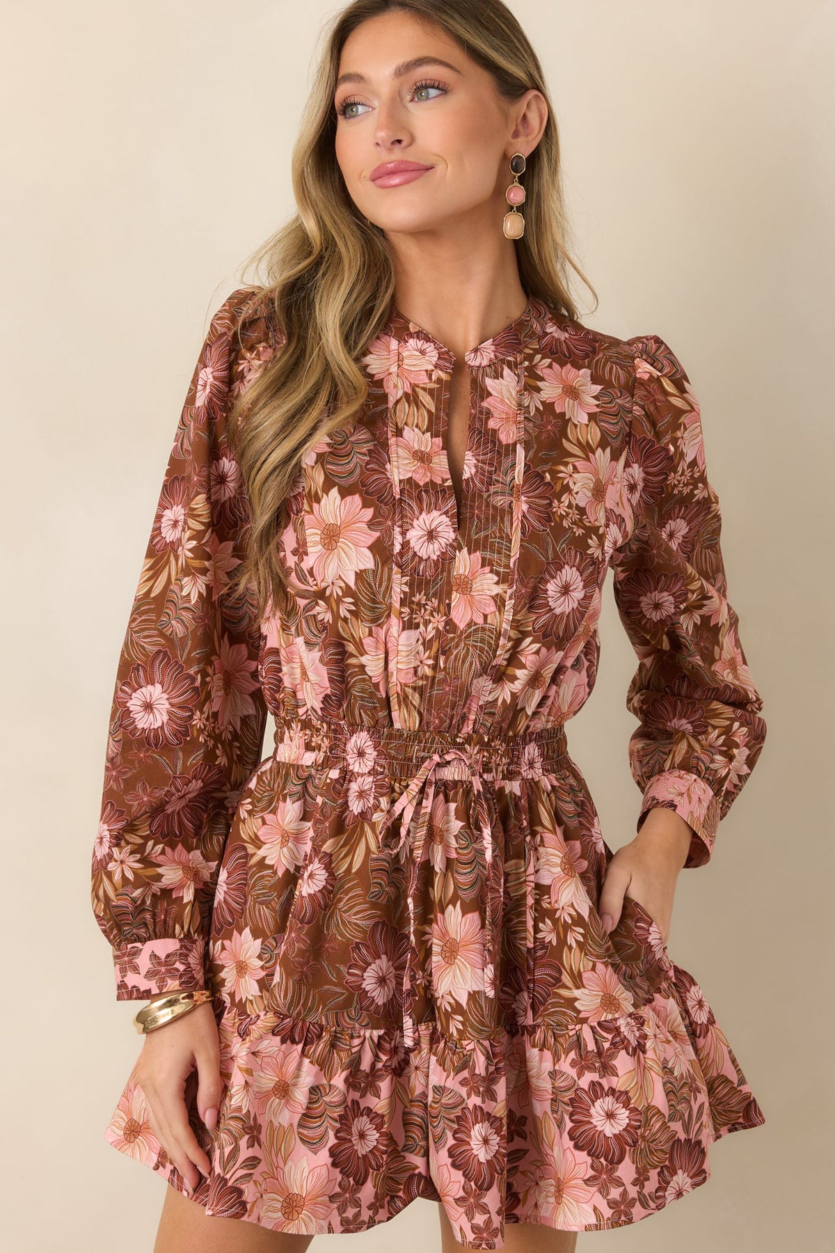 A Little Nostalgia Brown & Pink Floral Cotton Mini Dress