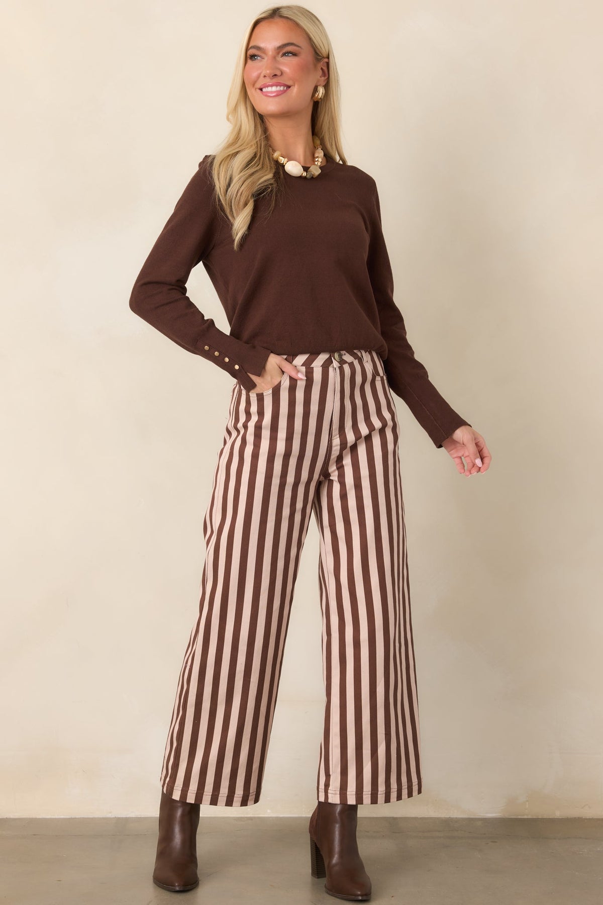 The Right Touch Dark Chocolate Button Sleeve Knit Sweater