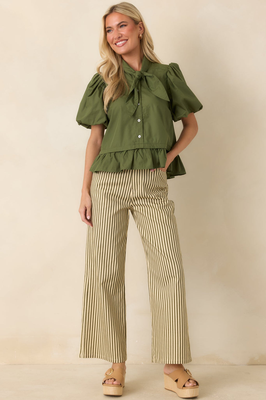Signature Style Moss Green Tie Neck Peplum Blouse