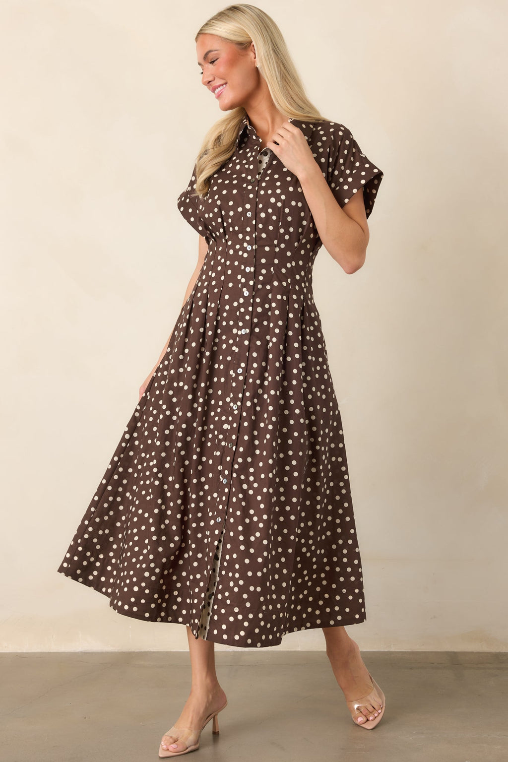 Making a Point Brown & Ivory Polka Dot Cotton Midi Shirt Dress