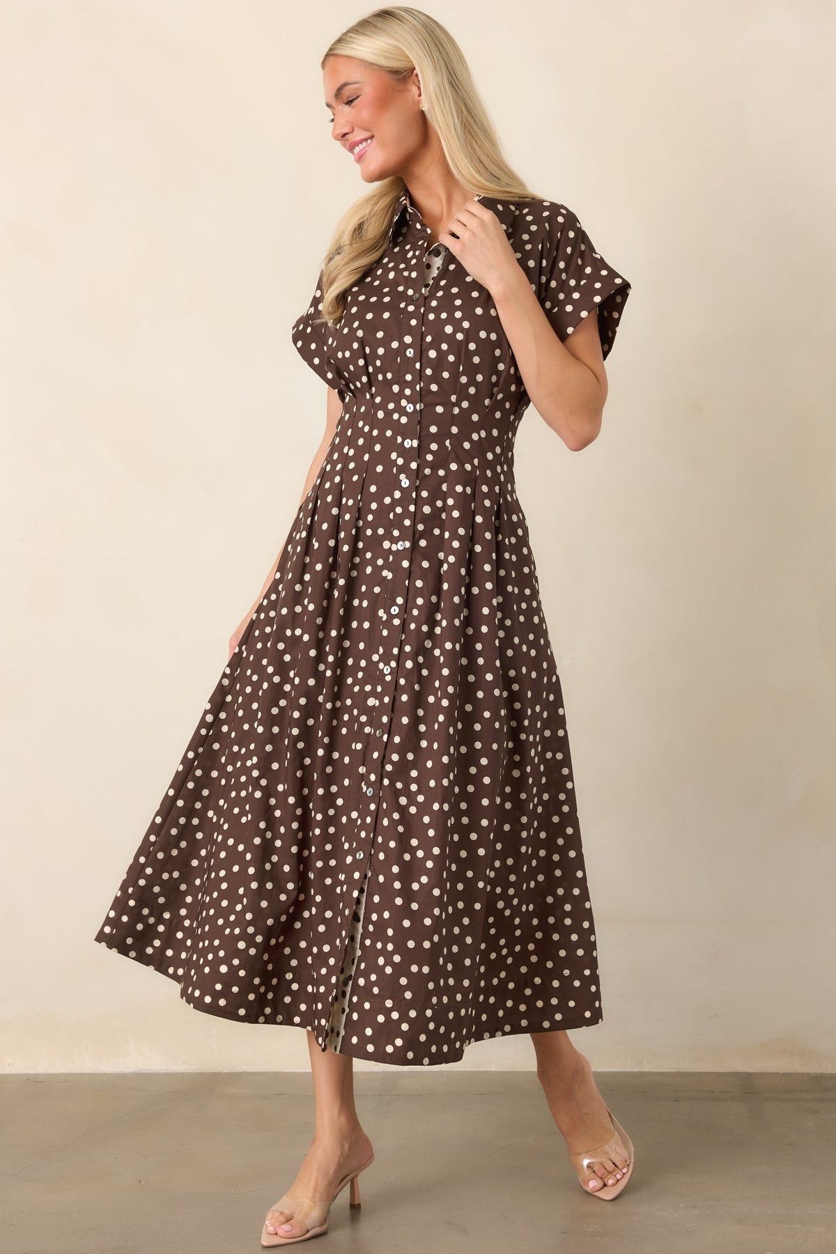 Making a Point Brown & Ivory Polka Dot Cotton Midi Shirt Dress