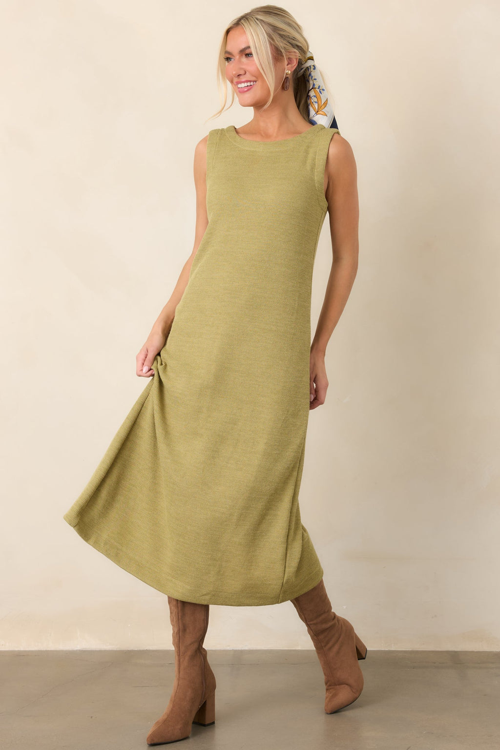 Soft Horizons Olive Green Rib Knit Button Back Midi Dress