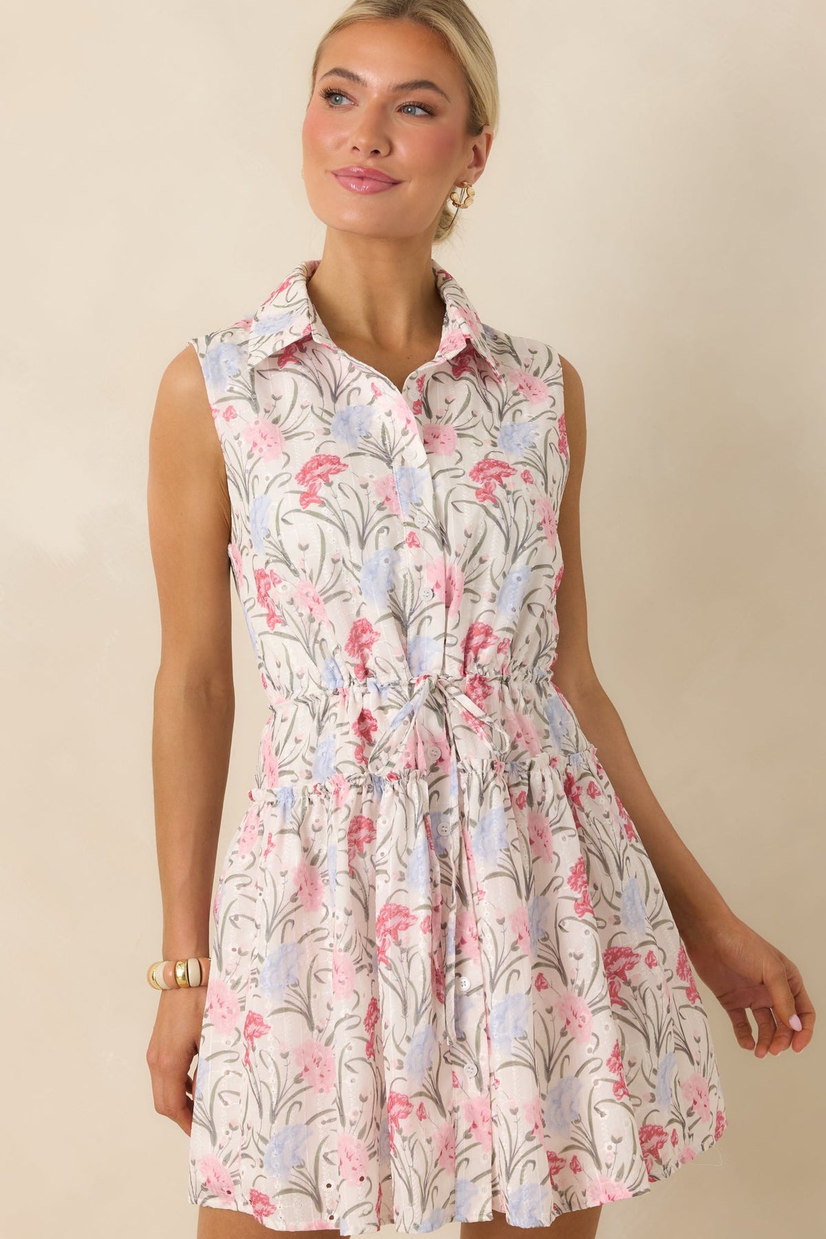 Poetry in Bloom Pink & Lavender Embroidered Eyelet Tie Waist Mini Dress