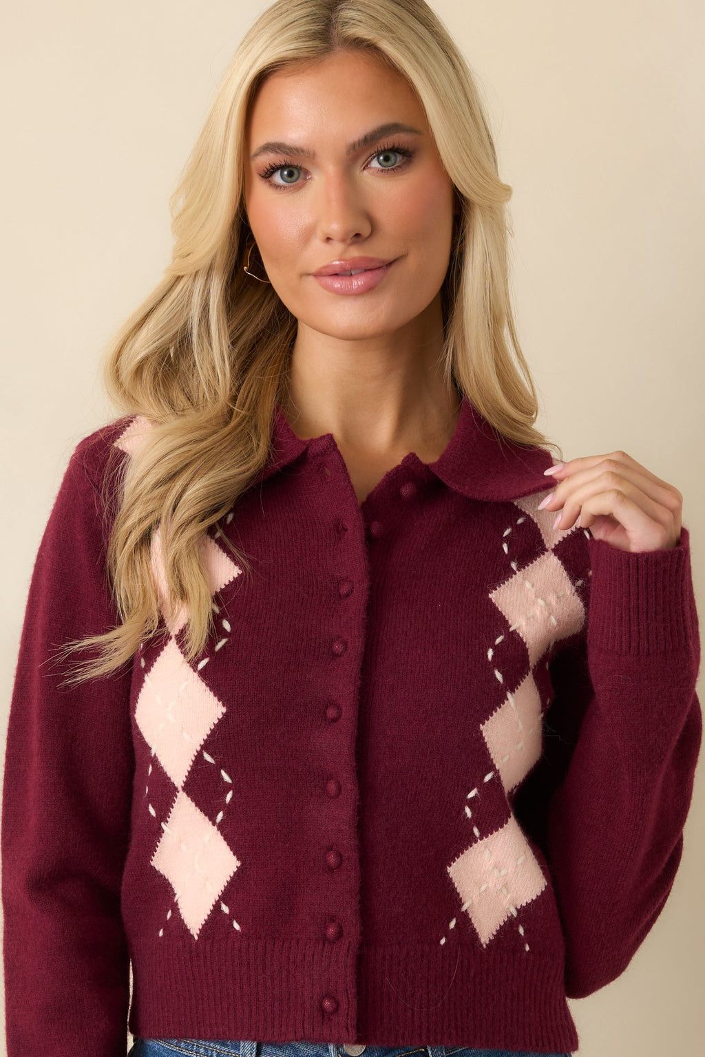 Nothing But Lovely Burgundy Argyle Collared Button Up Cardigan Sweater