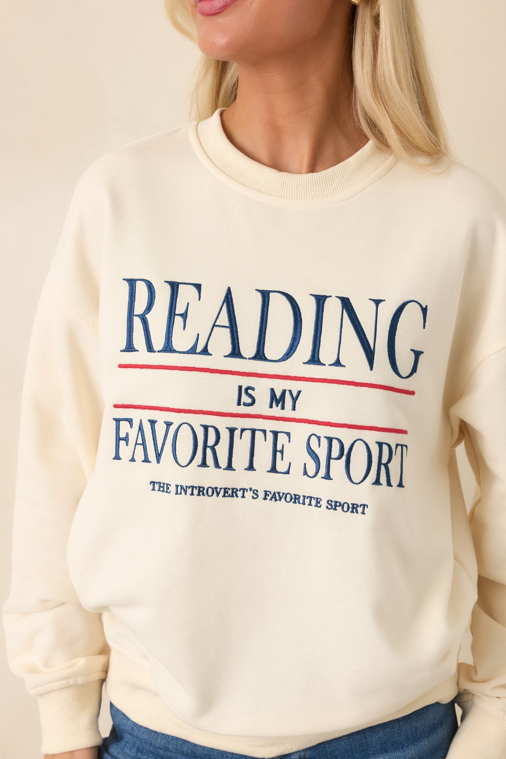 Reading Is My Favorite Sport Ivory Embroidered Cotton Sweatshirt