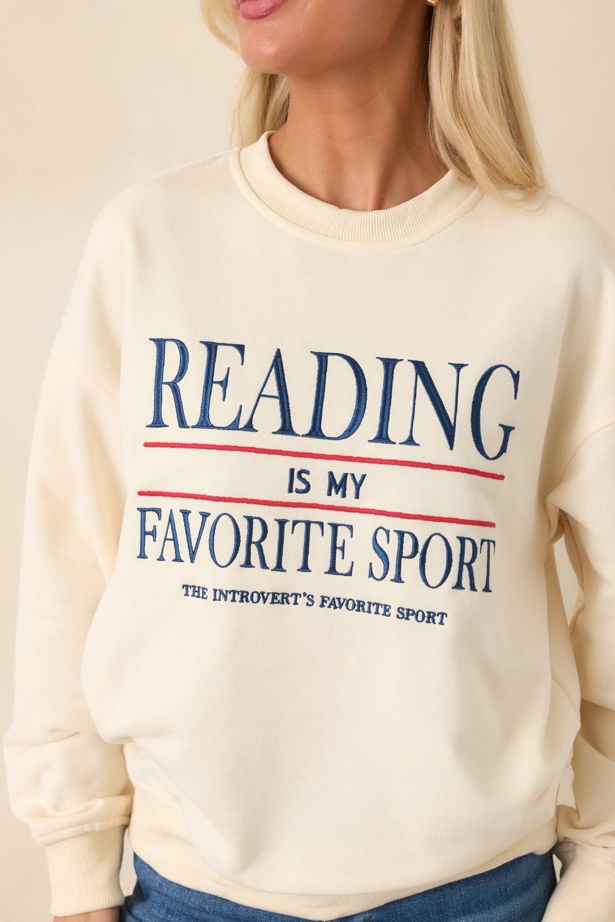 Reading Is My Favorite Sport Ivory Embroidered Cotton Sweatshirt