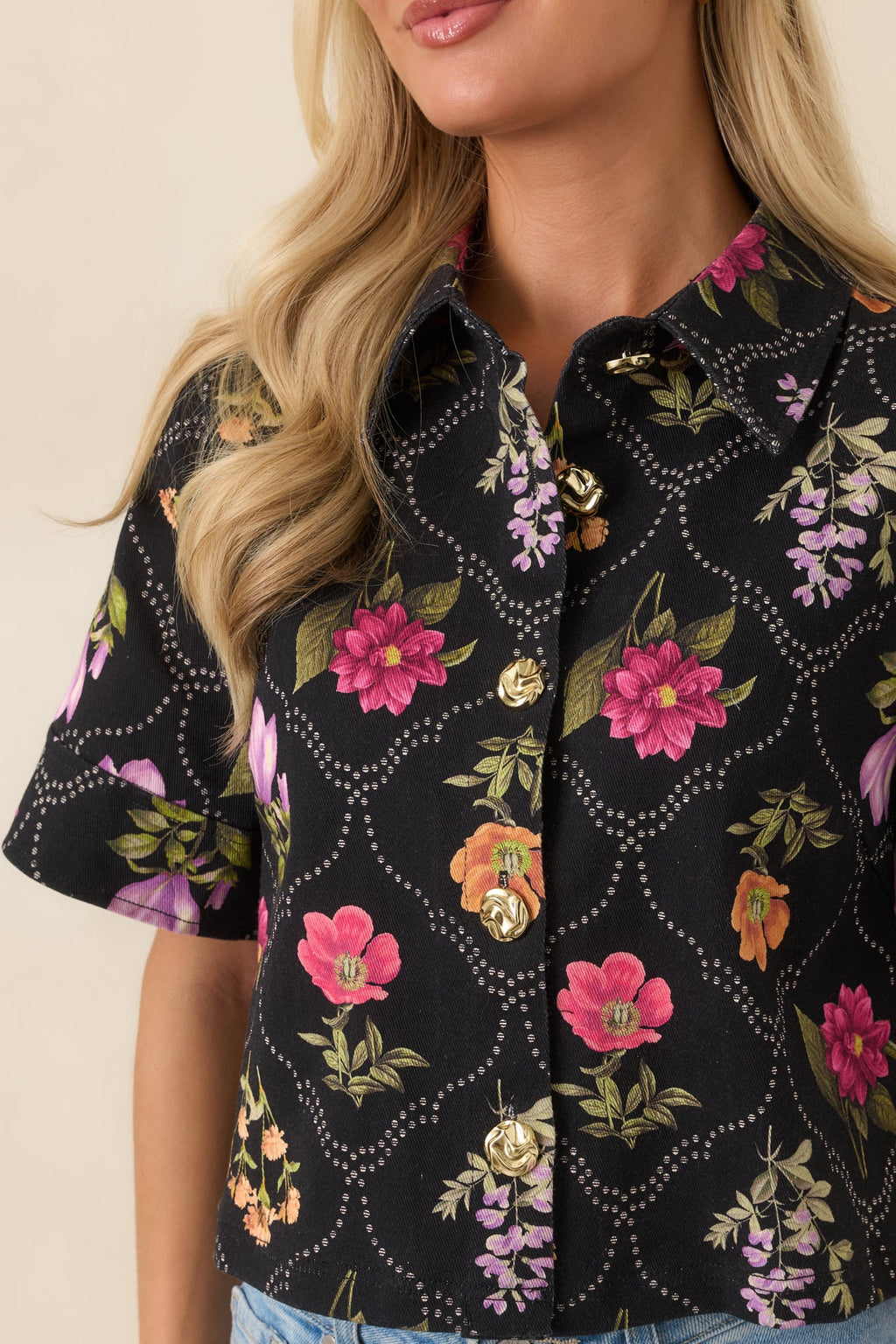 Consider Me Charmed Black Multi Floral Button Front Top