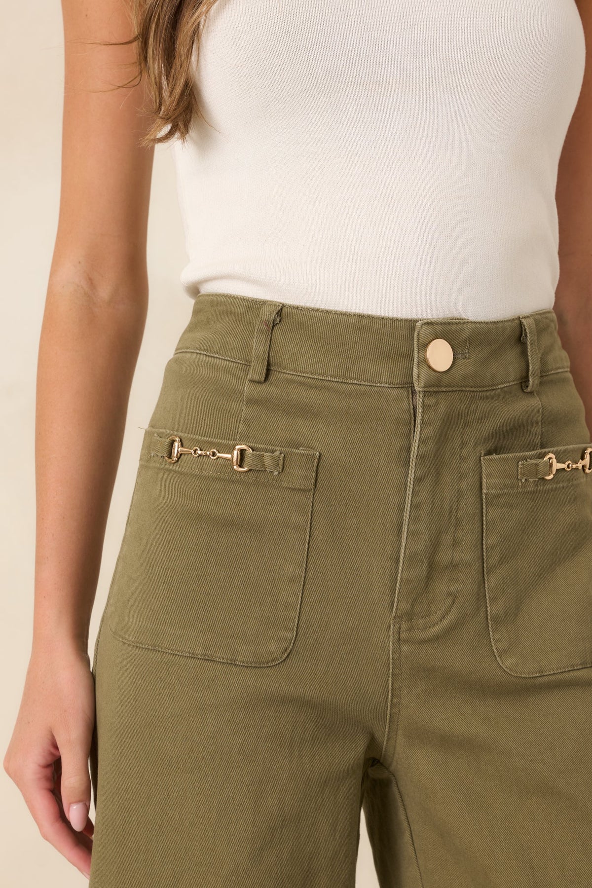 Stable Style Olive Green Horsebit Accent Wide Leg Denim Pants