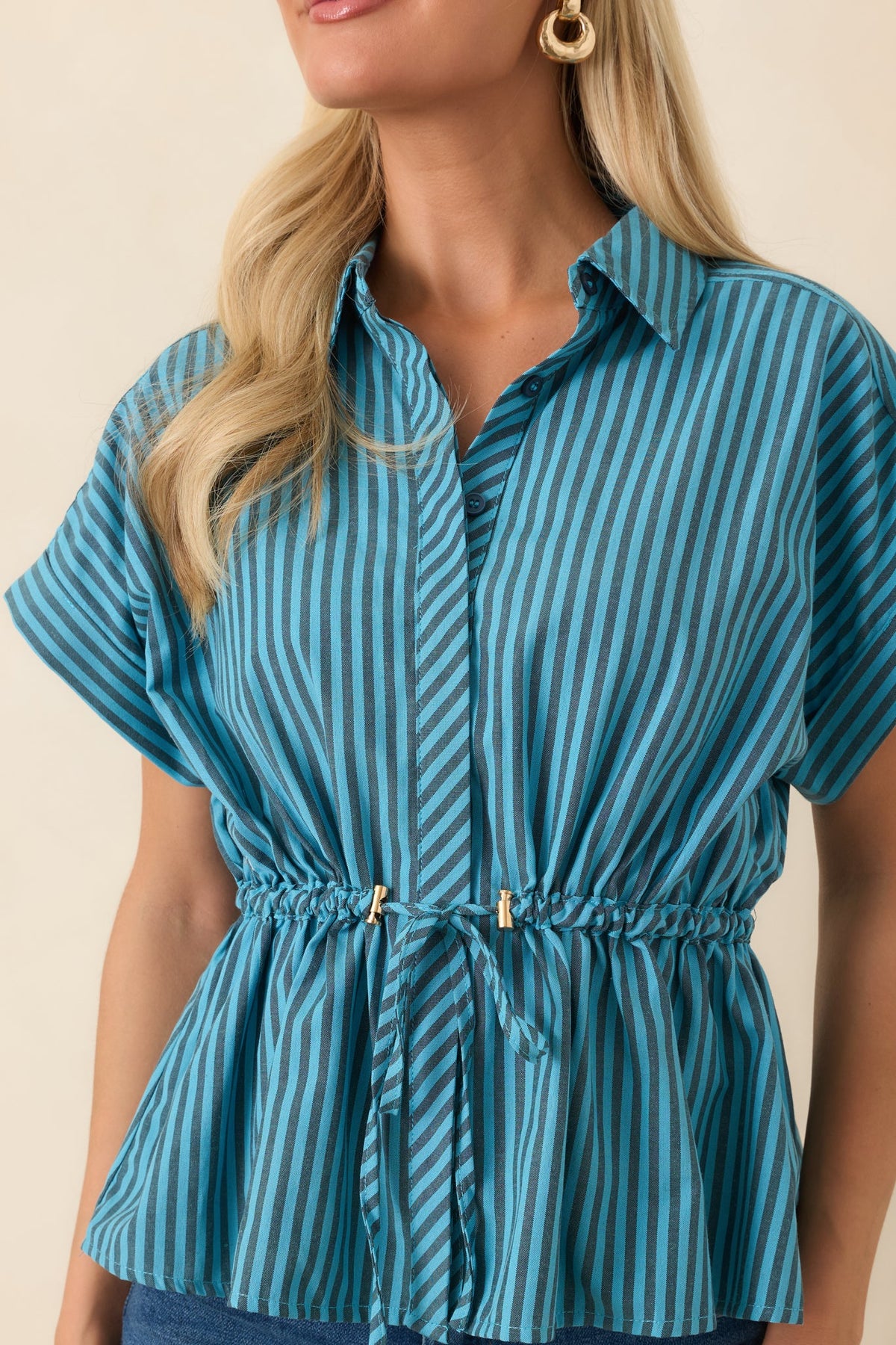 Drawing Attention Turquoise Striped Cinch Waist Top