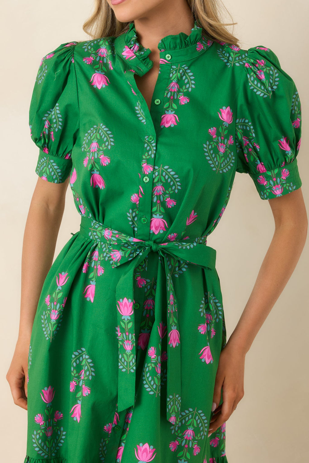Free To Fly Green Cotton Floral Button Front Midi Dress