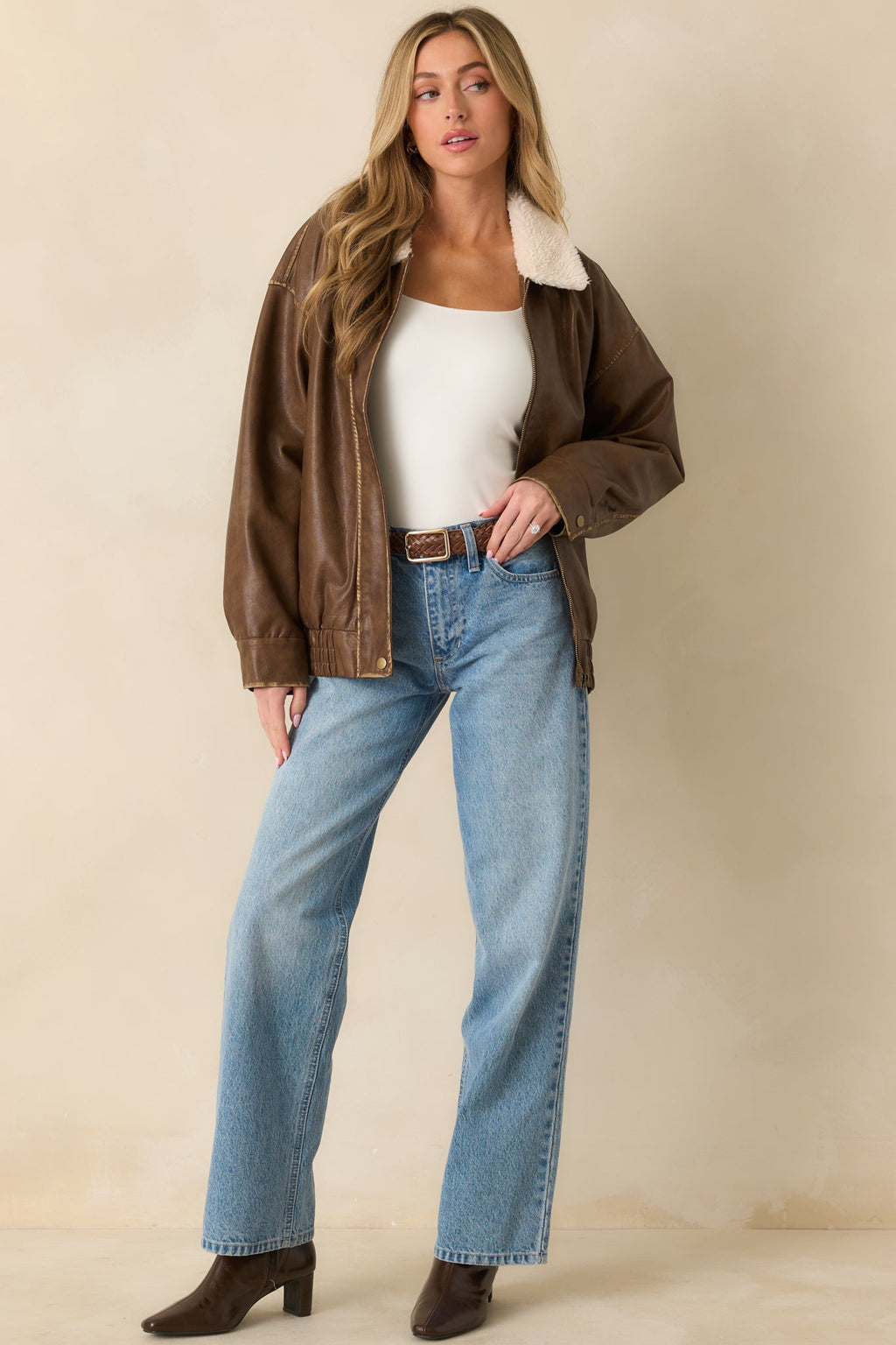 Fly Right Cognac Brown Faux Leather Bomber Jacket