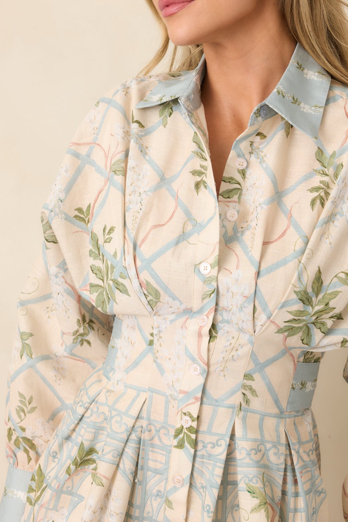 En Saison Georgina Ivory Floral Lattice Textured Shirt Dress
