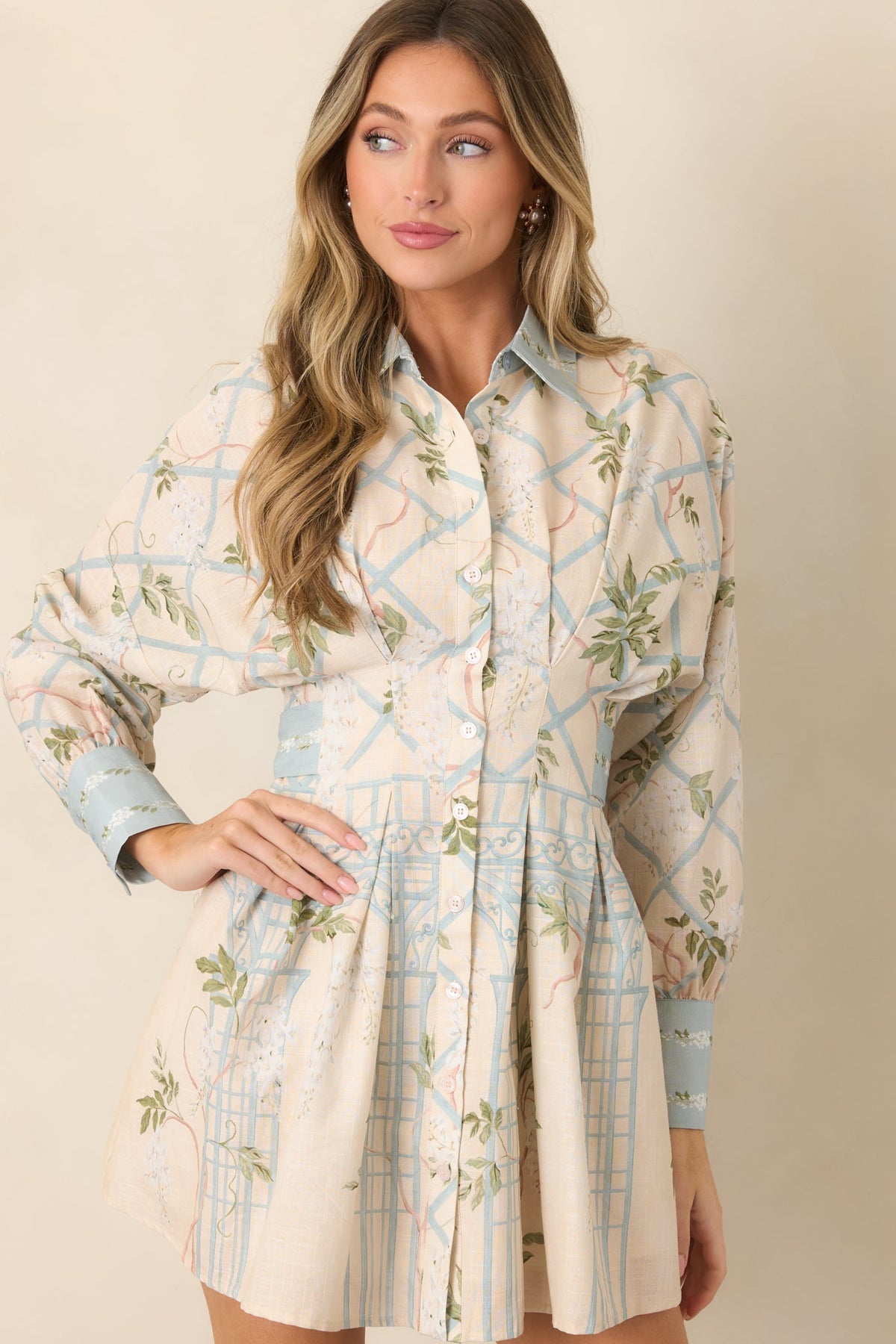 En Saison Georgina Ivory Floral Lattice Textured Shirt Dress