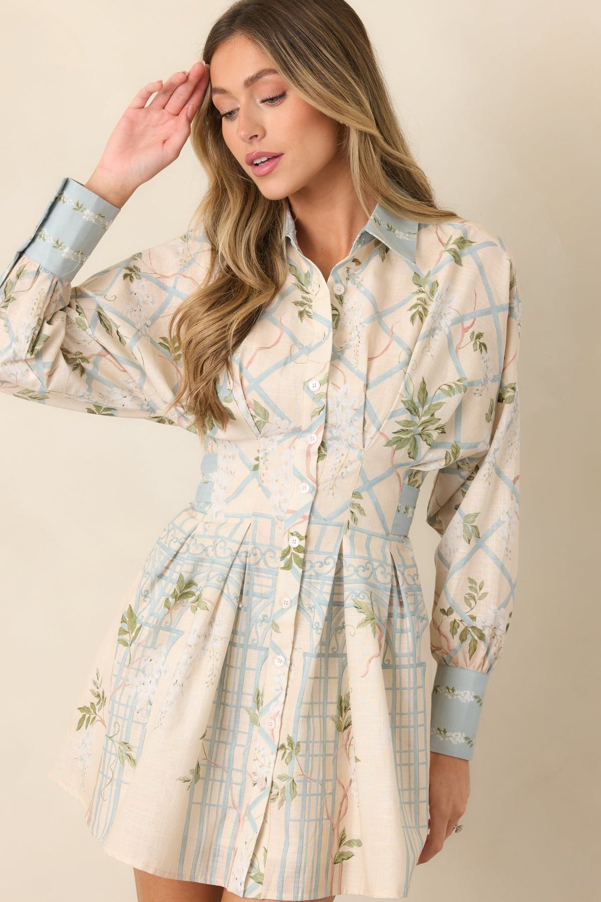 En Saison Georgina Ivory Floral Lattice Textured Shirt Dress