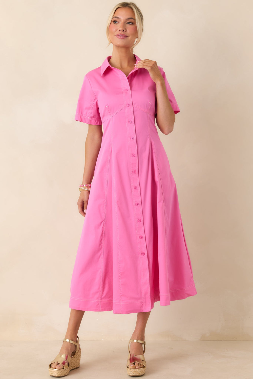 Make It Look Easy Pink Short Sleeve Midi Shirt Dress