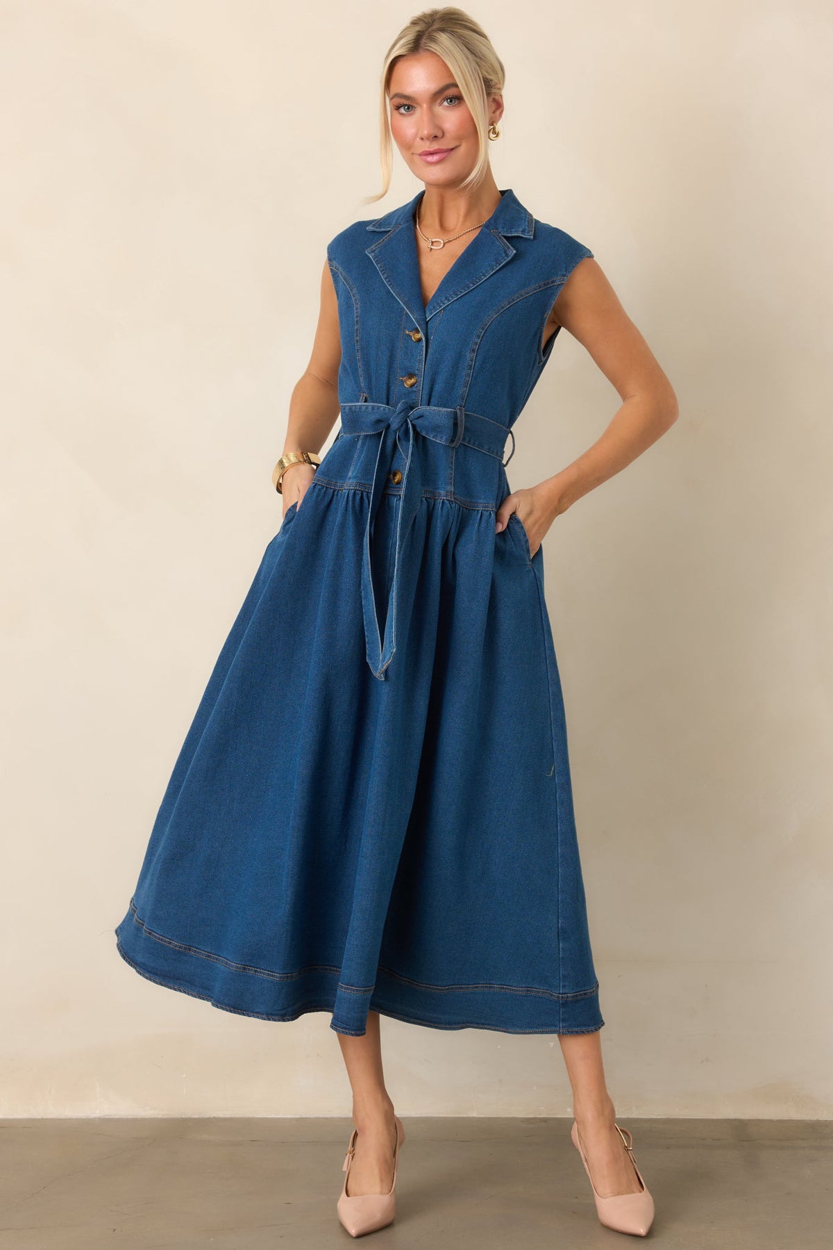 I'm All In Dark Wash Denim Tie-Belt Midi Dress