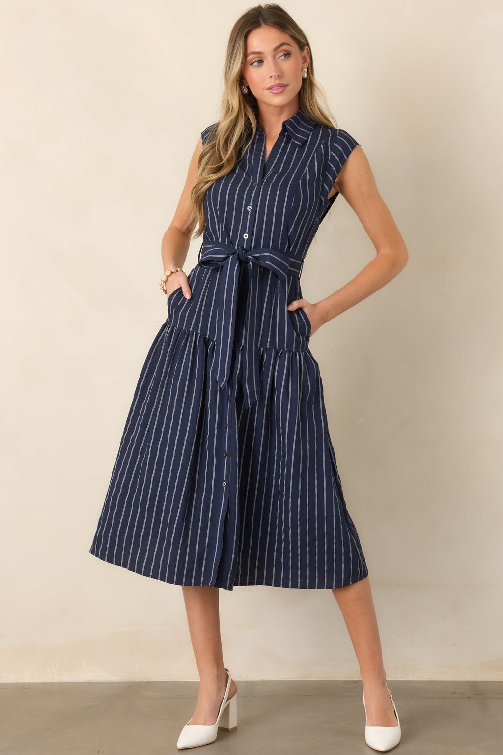 Always On Course Navy Striped Button Front Midi Dress