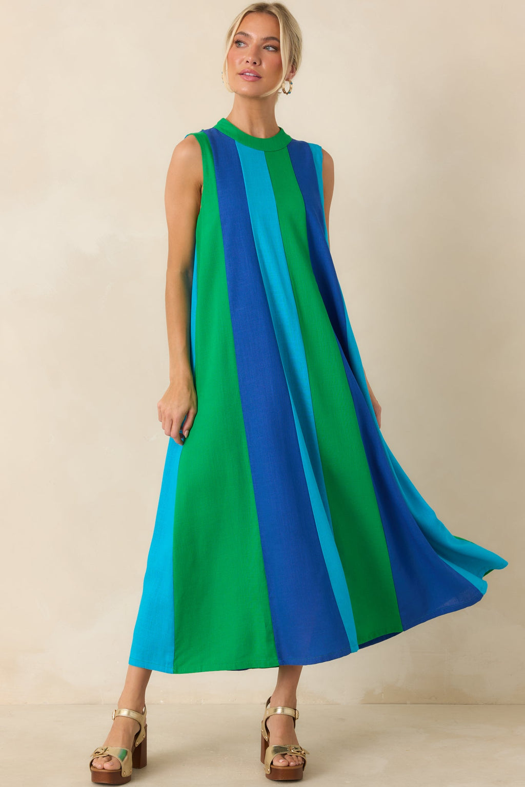 Sunset on Repeat Green & Blue Colorblock Sleeveless Midi Dress