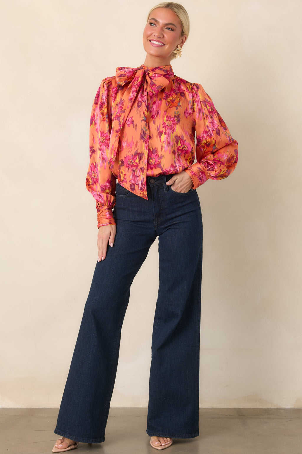 Worth Noticing Orange Multi Floral Satin Blouse
