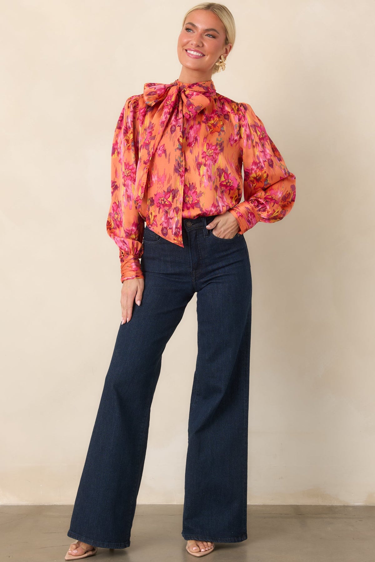 Worth Noticing Orange Multi Floral Satin Blouse