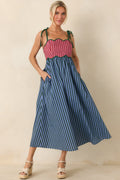 Wrong Place, Right Time Blue & Burgundy Stripe Cotton Midi Dress