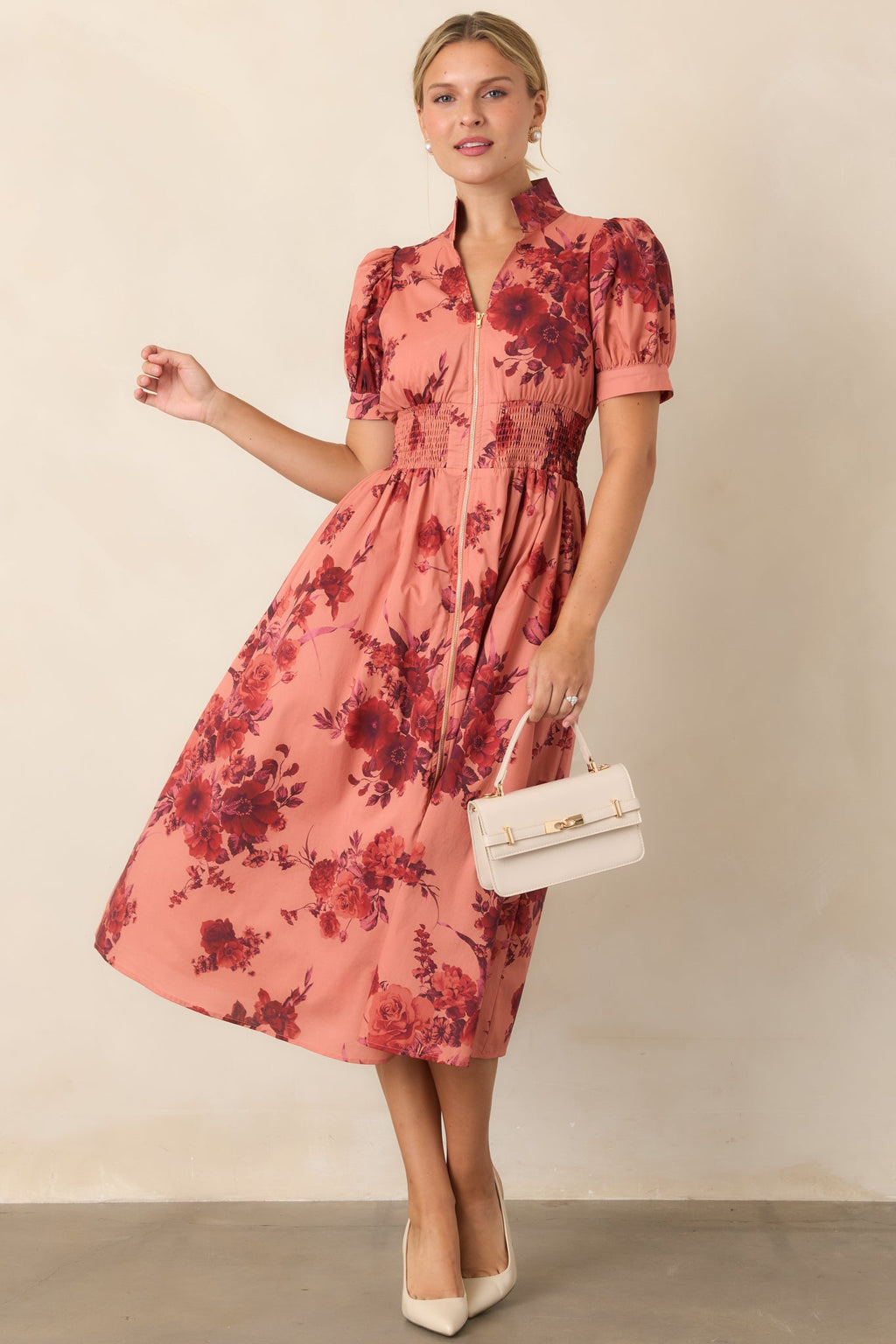 Full of Possibility Coral & Burgundy Floral Cotton Zip Front Midi Dress