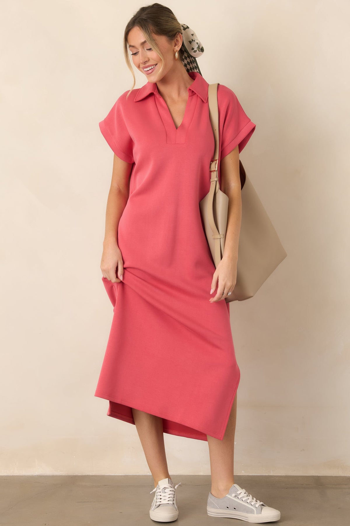 Made The Right Call Coral Pink Collared Midi T-Shirt Dress