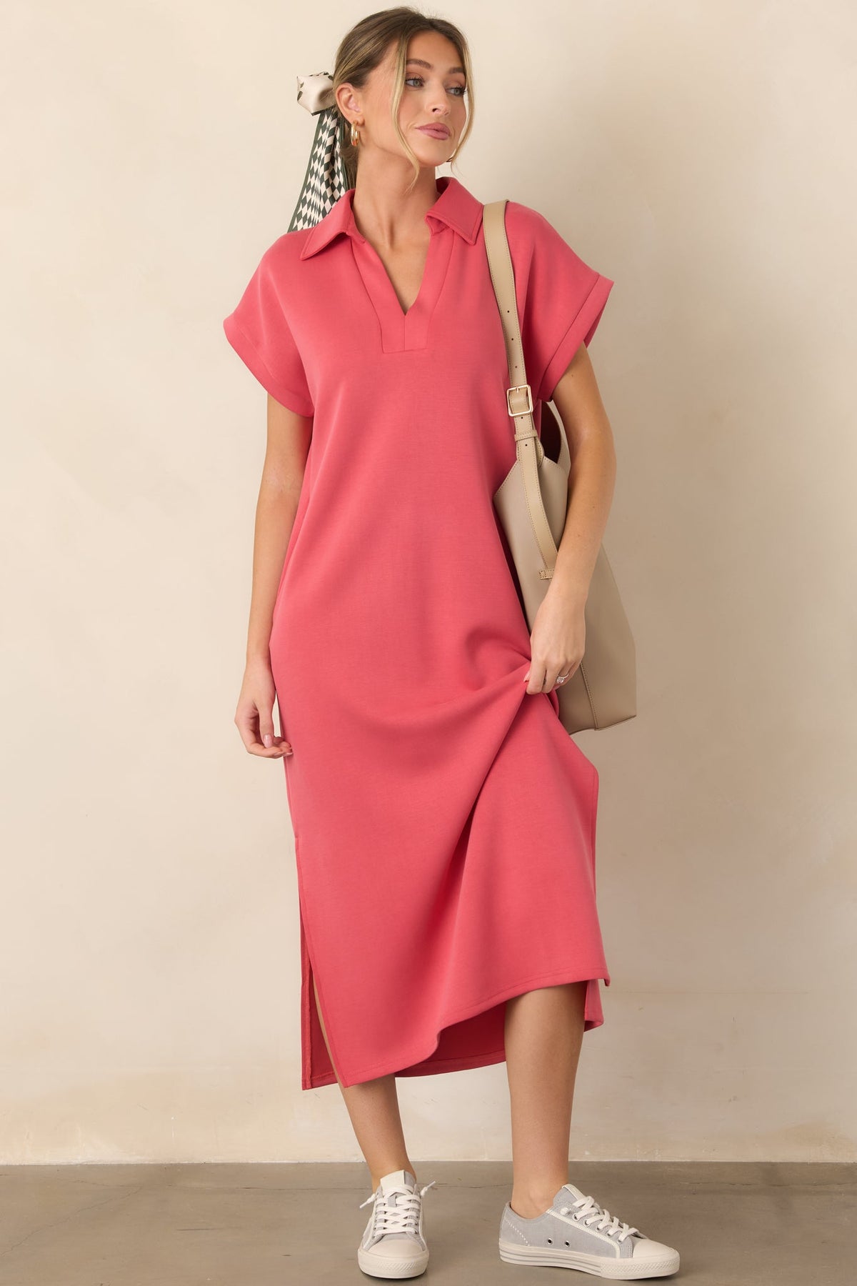 Made The Right Call Coral Pink Collared Midi T-Shirt Dress