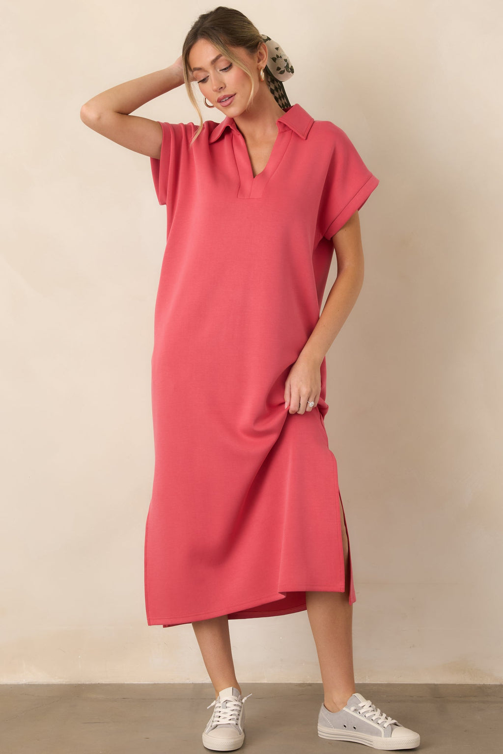 Made The Right Call Coral Pink Collared Midi T-Shirt Dress