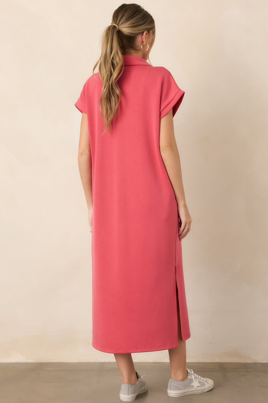 Made The Right Call Coral Pink Collared Midi T-Shirt Dress