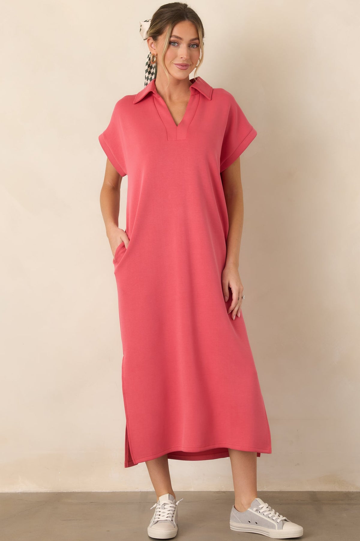 Made The Right Call Coral Pink Collared Midi T-Shirt Dress