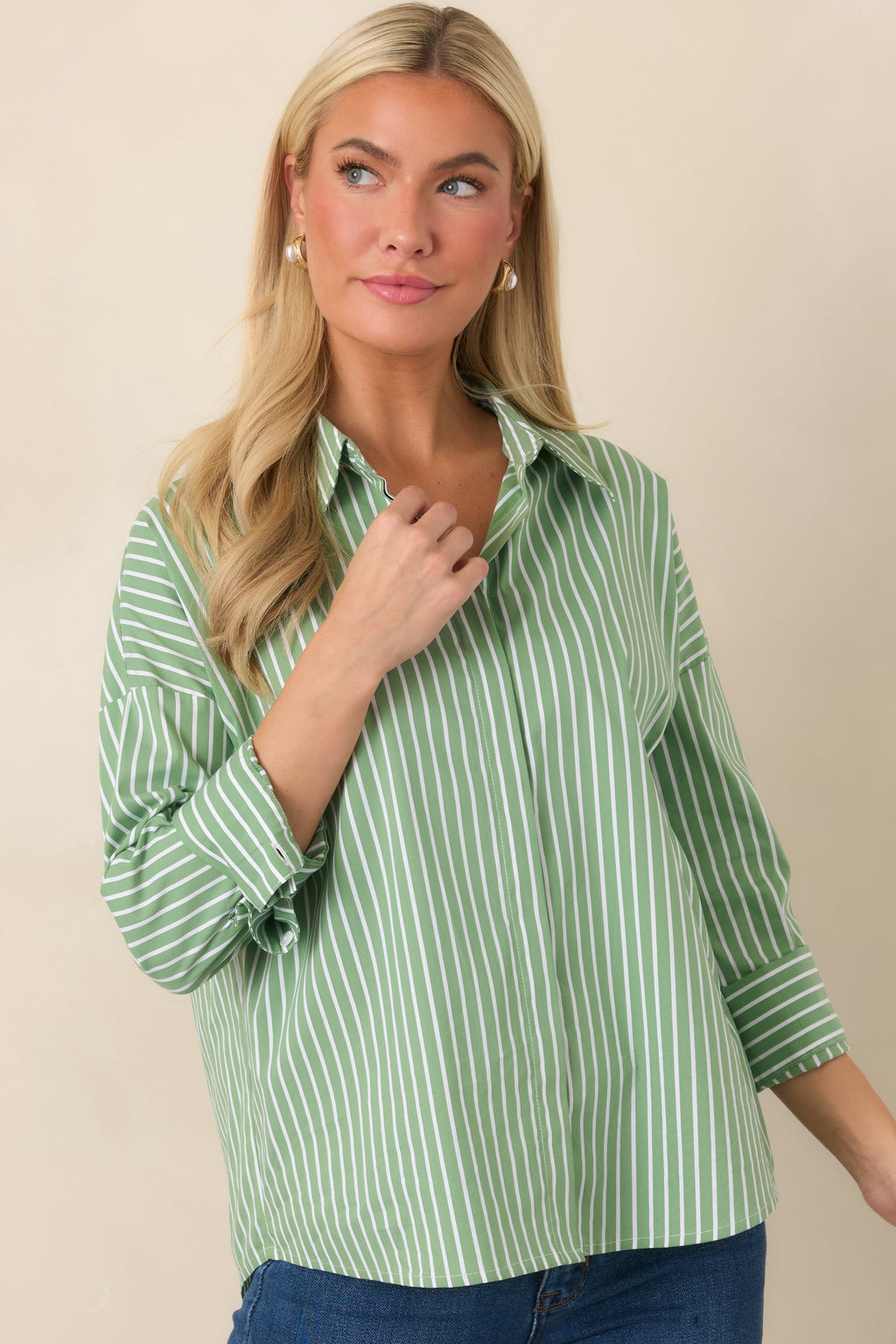 Worth Noting Mint Green Stripe Cotton Blend Button Down Shirt